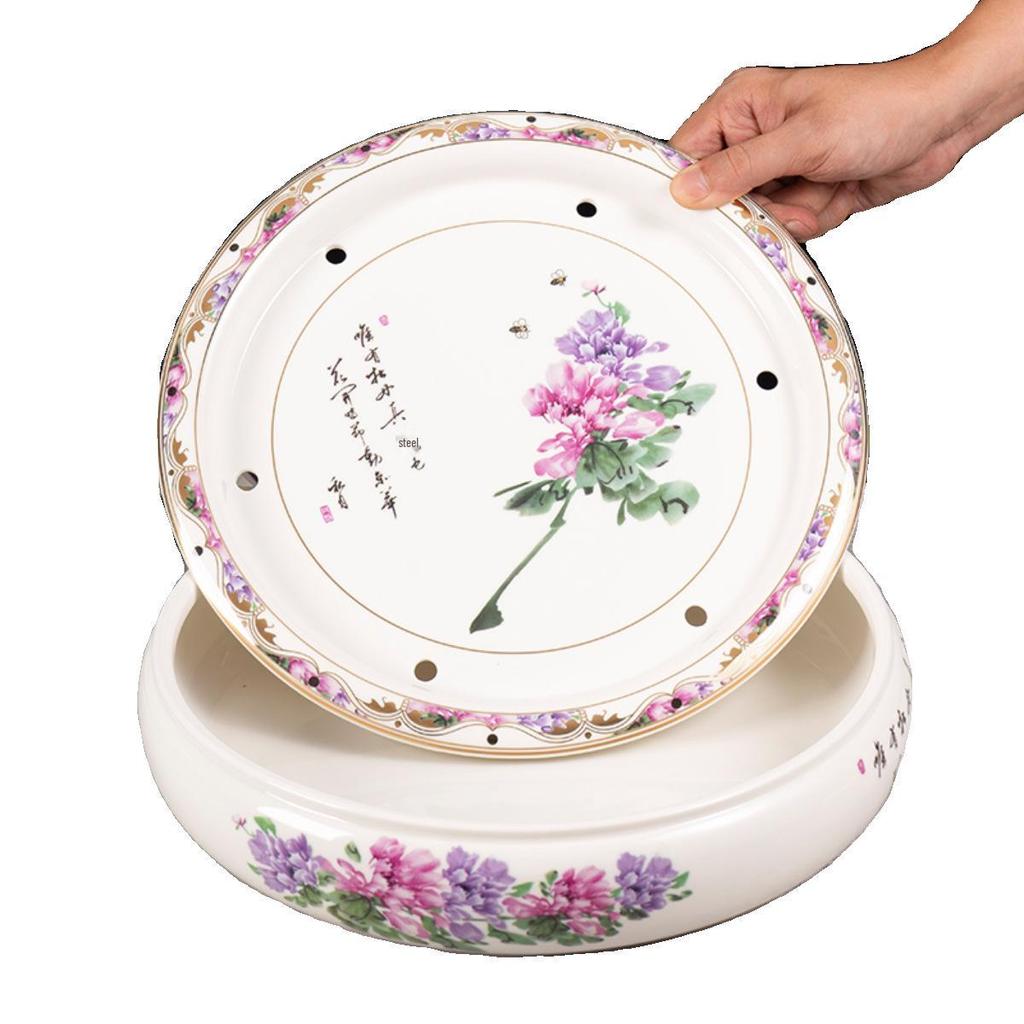 14-inch Ceramic Round Tea Tray for Gongfu Tea, with Double-Layer Water Storage