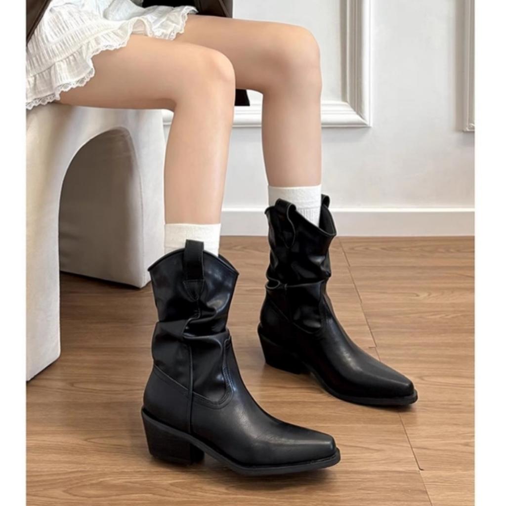 Cowhide version~ Leather thin pointed thick heel short boots women's autumn and winter new stacking boots Western cowboy boots Martin boots