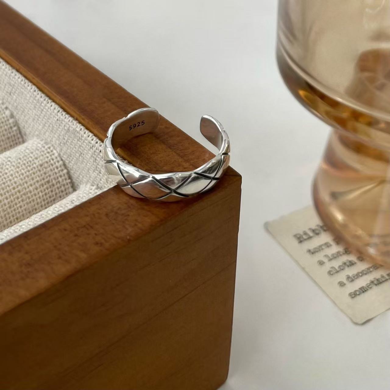 

Thick and Thin Rhombus Pattern Open Ring Women s Light Luxury Niche Design Personalized Retro Versatile Ring opening adjustable