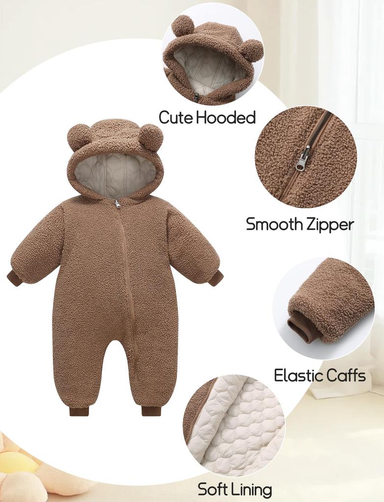 AIEOE Newborn Baby Long Sleeve Down Baby Bear Front Easy Baby Baby Shower Size 90 Jumpsuit, Romper, Hooded, Autumn/Winter, Coverall, Warm,