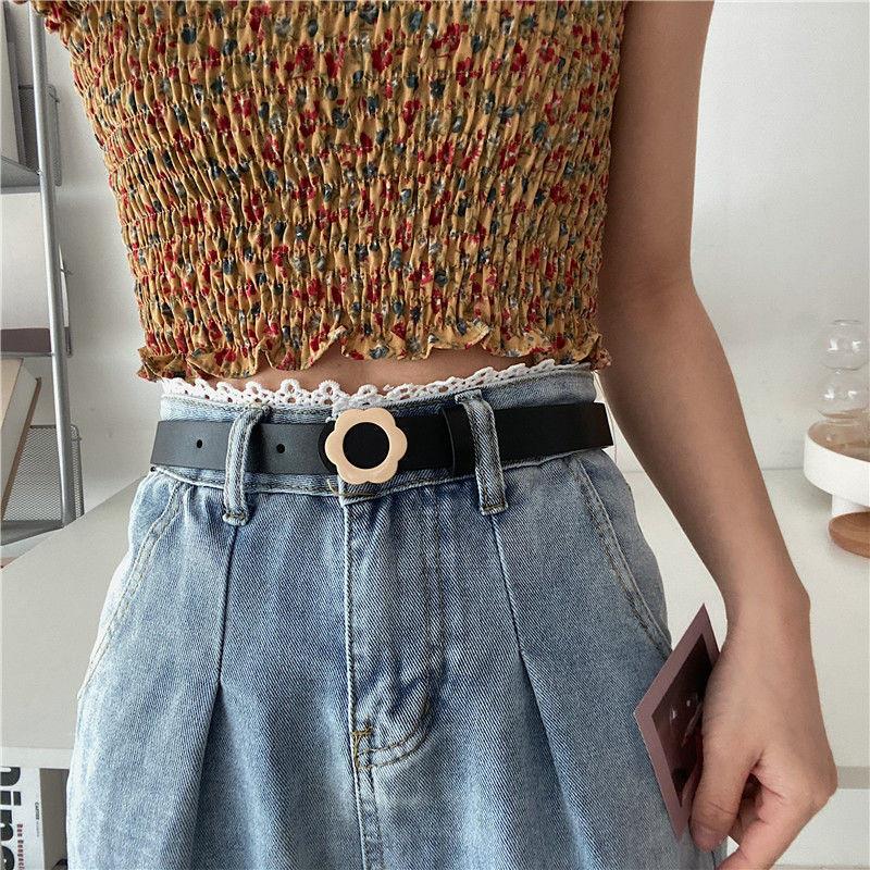 

Lovely Korean Style Floral Women s Denim Pants With Sophisticated Smooth Buckle Belt For Everyday Wear чёрный