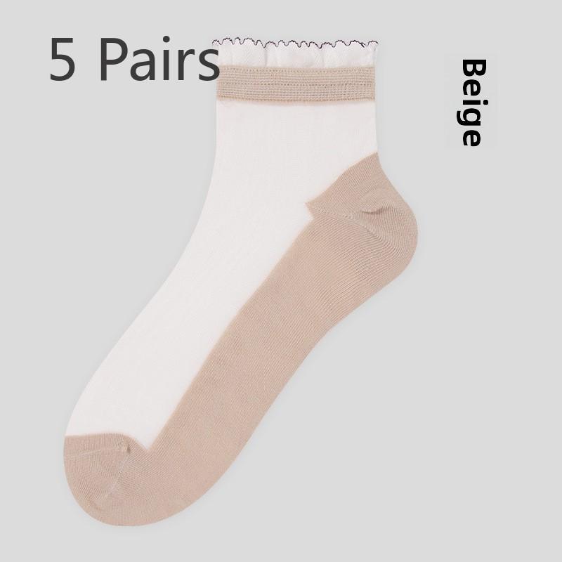 5 Pairs Female Spring Flower Edge Crystal Stockings Thin Summer Sweat Absorption Tube Female Stockings Glass Stockings