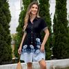 Women’s Casual Loose Fit Shirt Dress Button Front Stand Collar Short Sleeve Relaxed Tunic Dress with Geometric Print