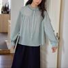 French fungus edge stand-up collar curved split long-sleeved green shirt women's lace-up top spring