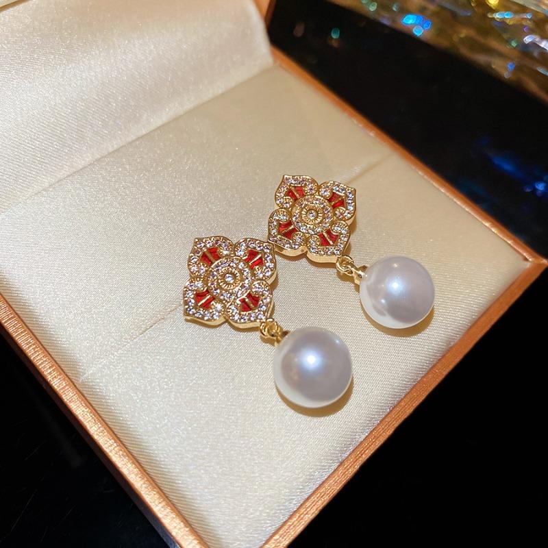 French Silver Needle Diamond Pearl Pendant Earrings Light Luxury Delicate Personality Earrings Design Sense Niche Earrings Women