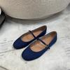 Sommer neue runde Zehenpartie flacher Ausschnitt Ein-Wort-Schnalle flache Sohle Denim Mary Jane Einzelne Schuhe Damenleder klein