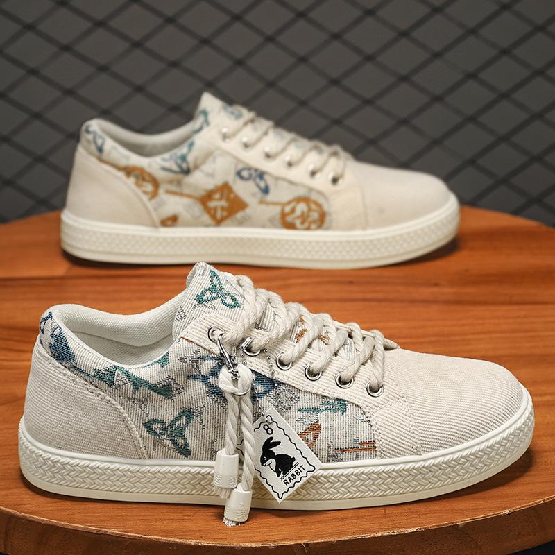 Cloth Breathable Low-Top Board Shoes Men'S Casual Flat-Bottom Sports Color Matching Lace-Up Trendy Men'S Shoes