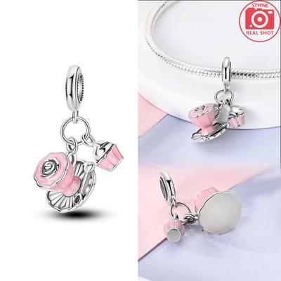 Charms Copper Craft Pink Flower Tea Cups Cake Pendants Charms Fit Beads Plata Original Bracelet Beads Women Jewelry Making