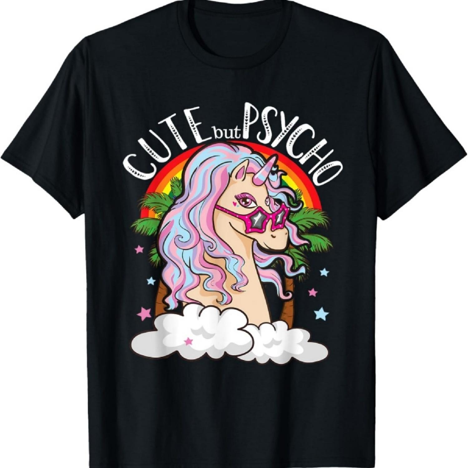 

Cute But Psycho Unicorn With Glasses Funny Meme Saying Gift T-Shirt XXXXXL чорний