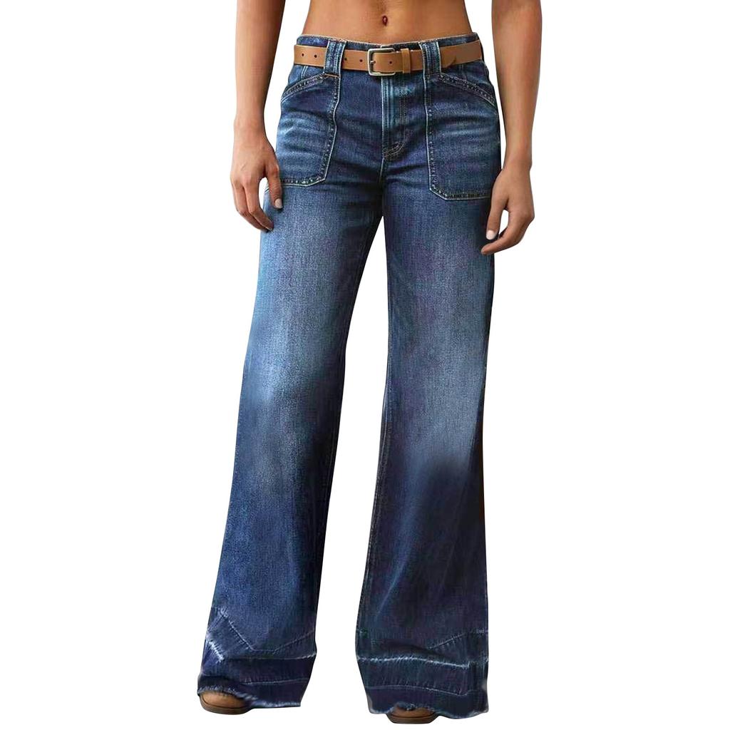 Wide Straight Leg Mid-Rise Loose Pocket Jeans (No Belt) Denim Wide Leg Pants