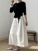 Women's French Style White Midi Skirt, High Waist, Petite A-Line Umbrella Design, Summer 2025 Collection.