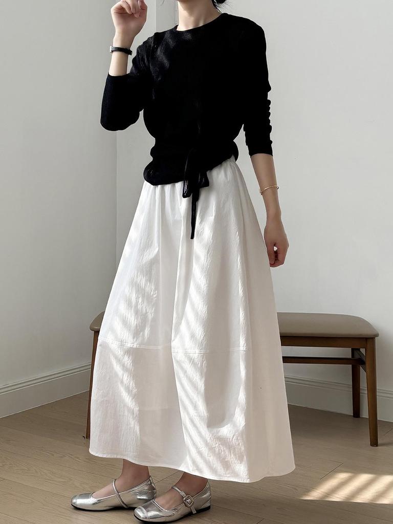 Women's French Style White Midi Skirt, High Waist, Petite A-Line Umbrella Design, Summer 2025 Collection.