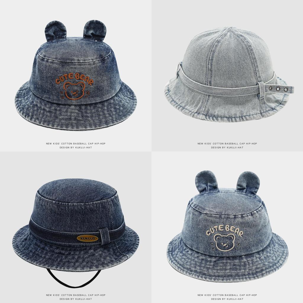 Cartoon Bear Denim Childrens Fisherman Cap With Windproof Design Perfect For Summer Outings