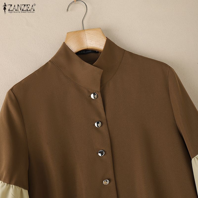 ZANZEA Women CasuaL Stand Collar Splice Puff Long Sleeve Blouse