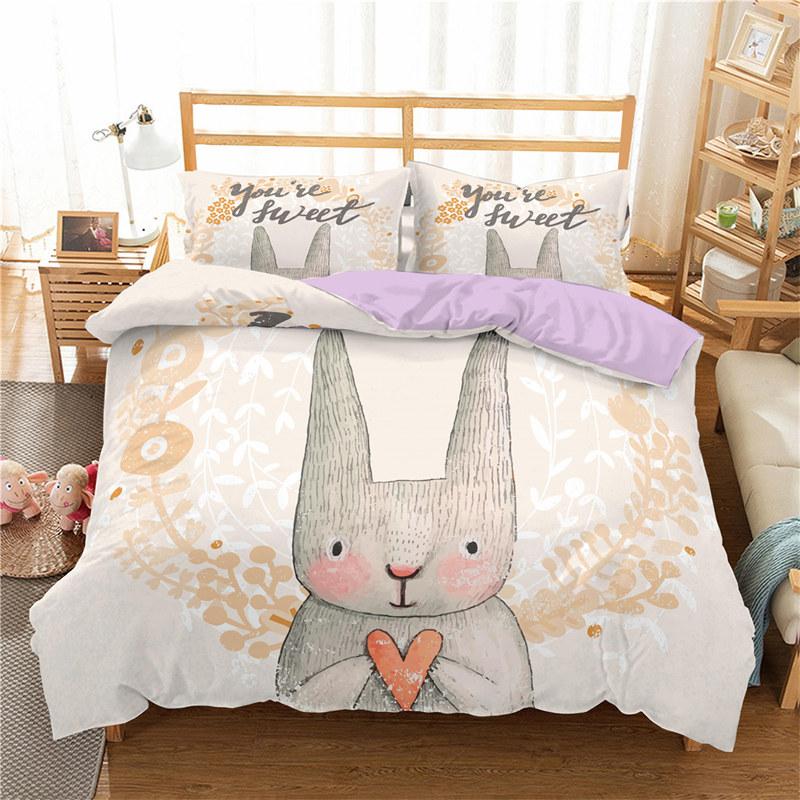 Cartoon Rabbit Bedding Set For Boys Girl Teen Botanical Plant Duvet Cover Microfiber Kawaii Bunny Comforter Cover Bedroom Decor