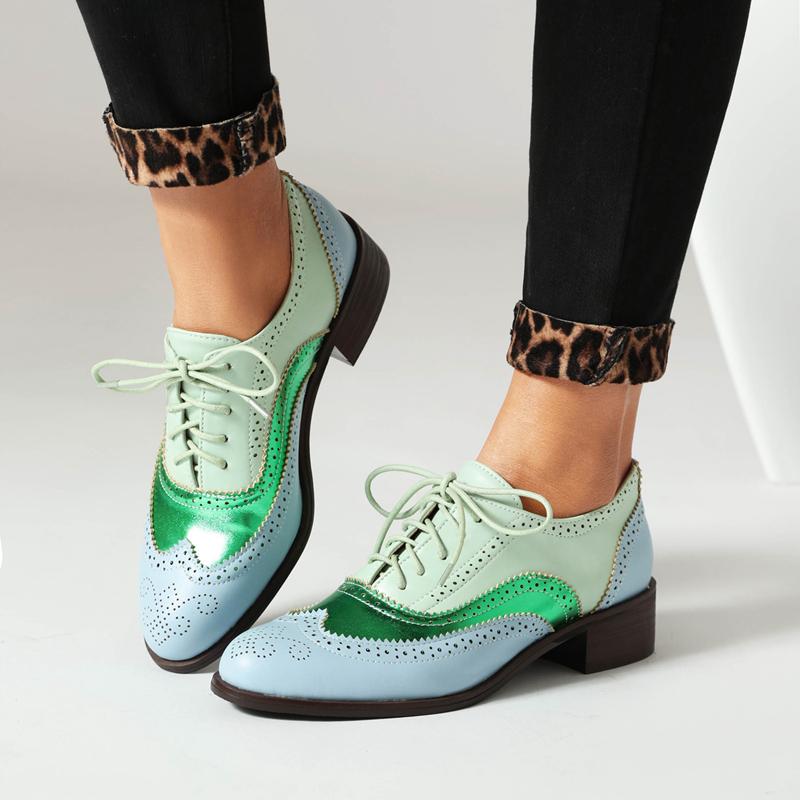 Large Size 45 46 47 Womens British Style Retro Mix Color Oxfords Pumps Round Toe Cross Tied Hollow Cutout Mid Heels Brogue Shoes