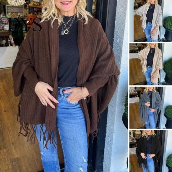 Cárdigan de Manga Murciélago para Mujer, Chal con Dobladillo Largo de Borlas, Color Sólido, Ajuste Holgado, Top Abierto por Delante, Punto de Otoño Invierno