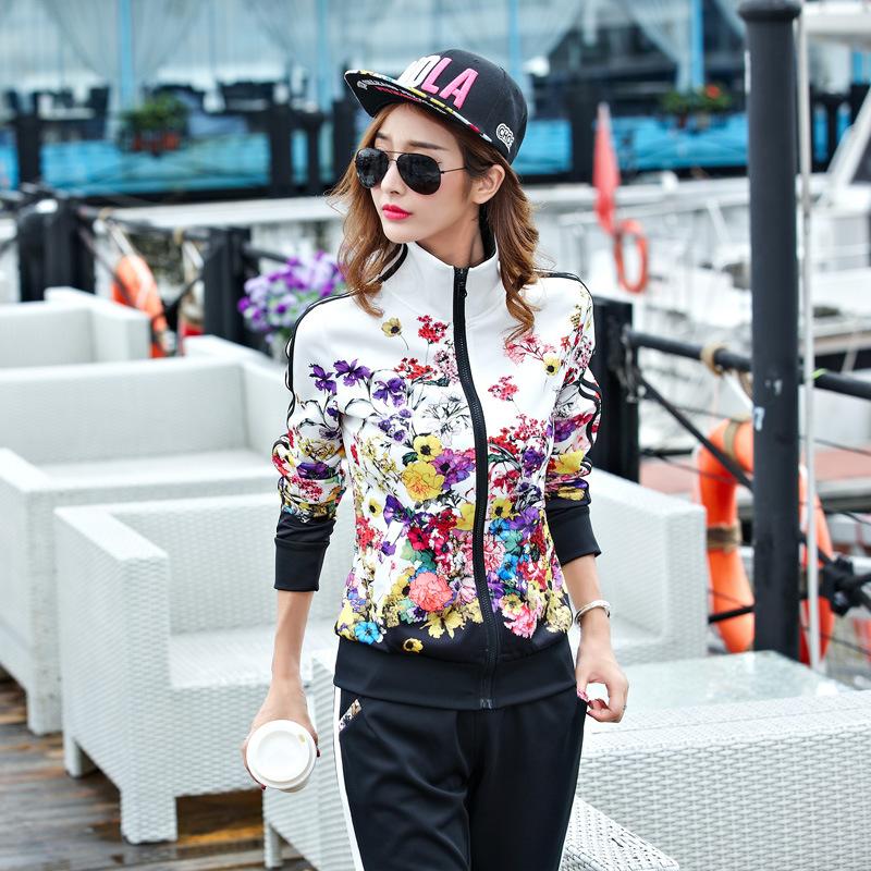 

Женский весенне-осенний спортивный костюм большого размера с цветочным принтом, куртка с длинными рукавами + брюки, комплект из 2 предметов XS чёрный