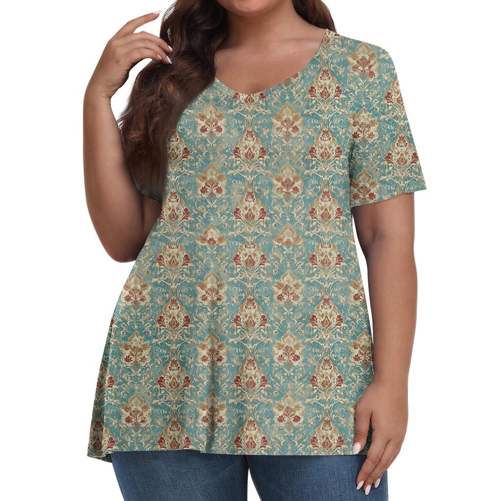 Women's Fashion Casual V-Neck Pullover Short Sleeve Large Size Vintage Printed Top