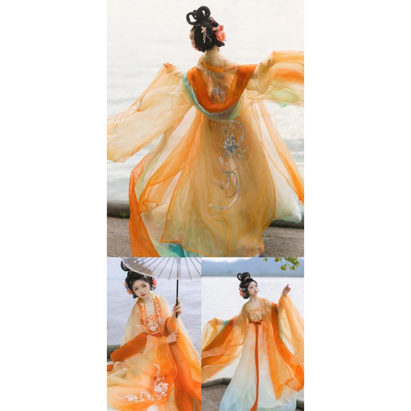 Hanfu Gradient Fish Scale Print Suit Gradient Tričko s velkým rukávem Koi Hanfu Fairy Elegantní dámské oblečení