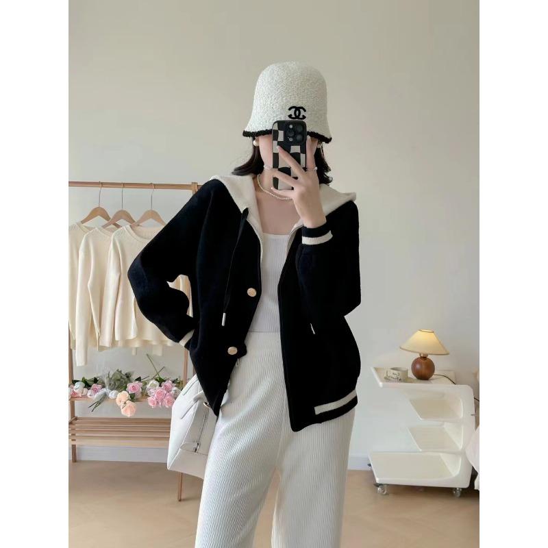 Autumn and winter new thickened jacket woolen hooded knitted cardigan women's casual versatile color matching loose women's coat