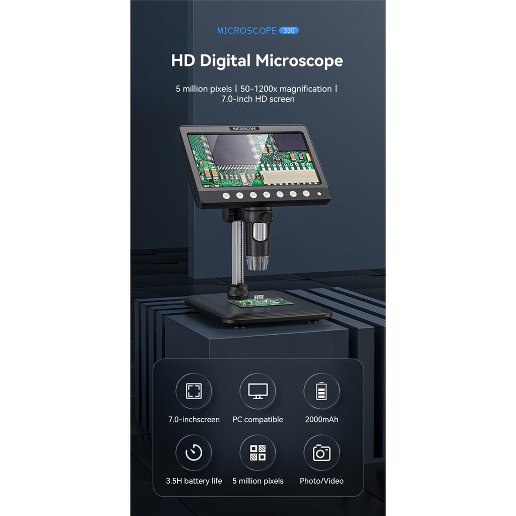 7-inch IPS Digital Microscope, 5MP 1200X Ultra-precision Focus Camera 1080p Video Microscope, 8-light Emitter Diode Lamp