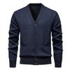 Men's Solid Color Textured Pockets Plush Thick Warm Casual V-neck Sweater Jacket