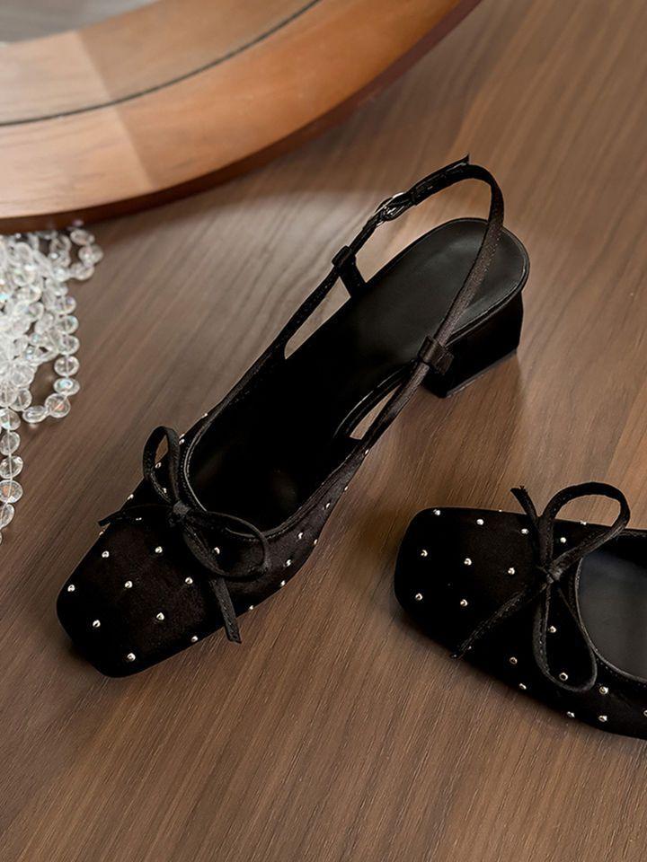 Bow black single shoes back strap bag head sandals women's 2025 new summer wear satin thick heels high heels