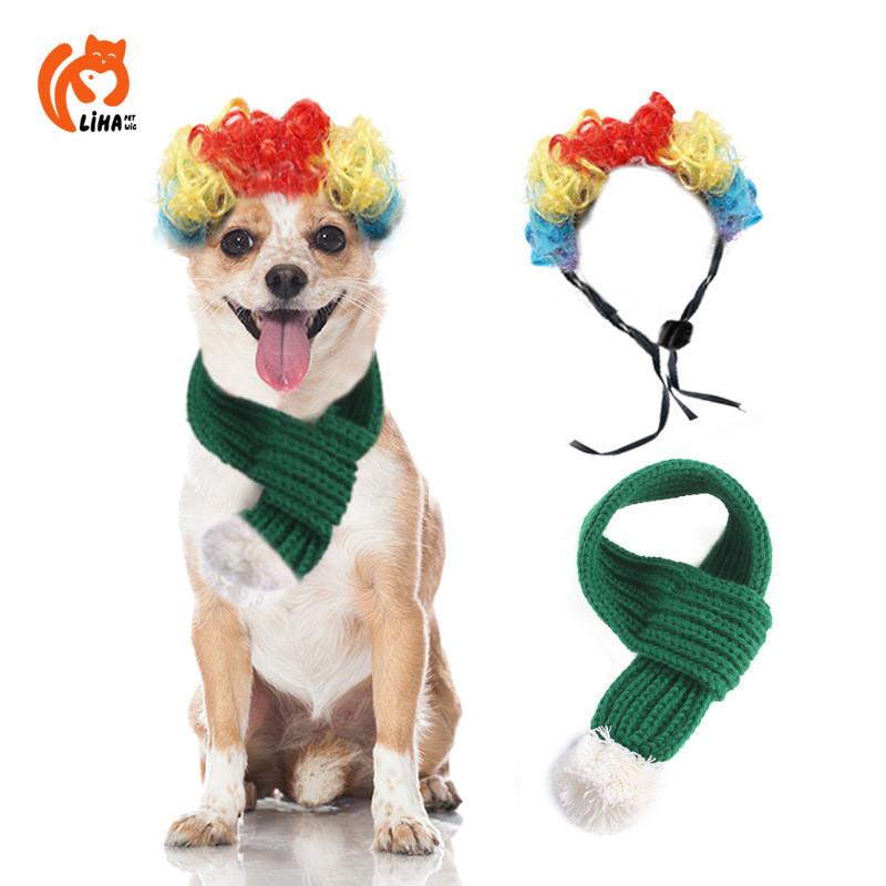 Festive Knitted Christmas Scarf For Pets Featuring Colorful Cartoonish Wig Design For Dogs
