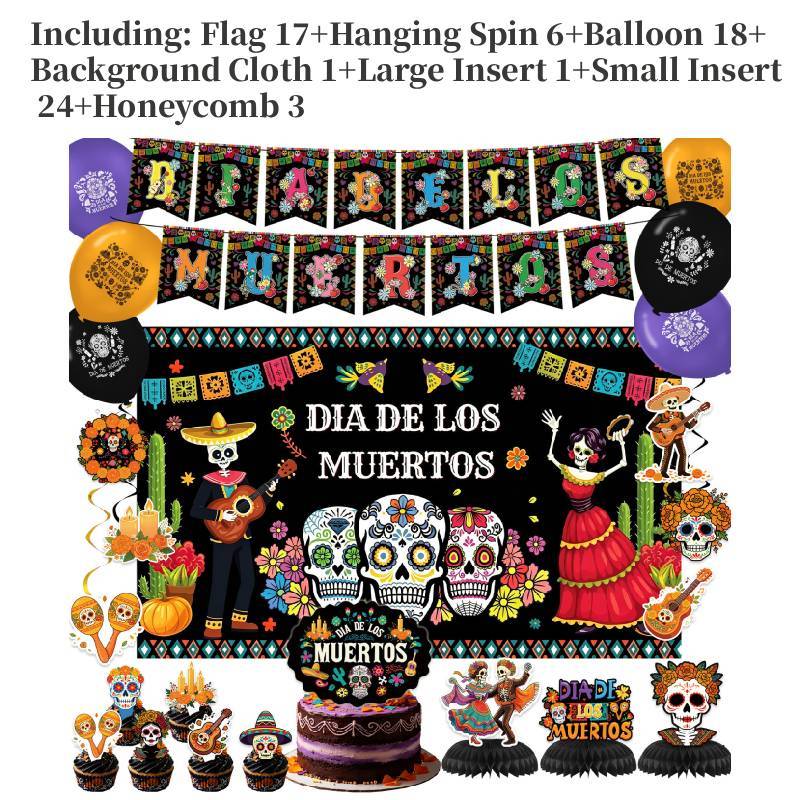 Mexican Day Of The Dead Party Decor Banner And Tableware Set With Paper Plates For Festive Celebrations