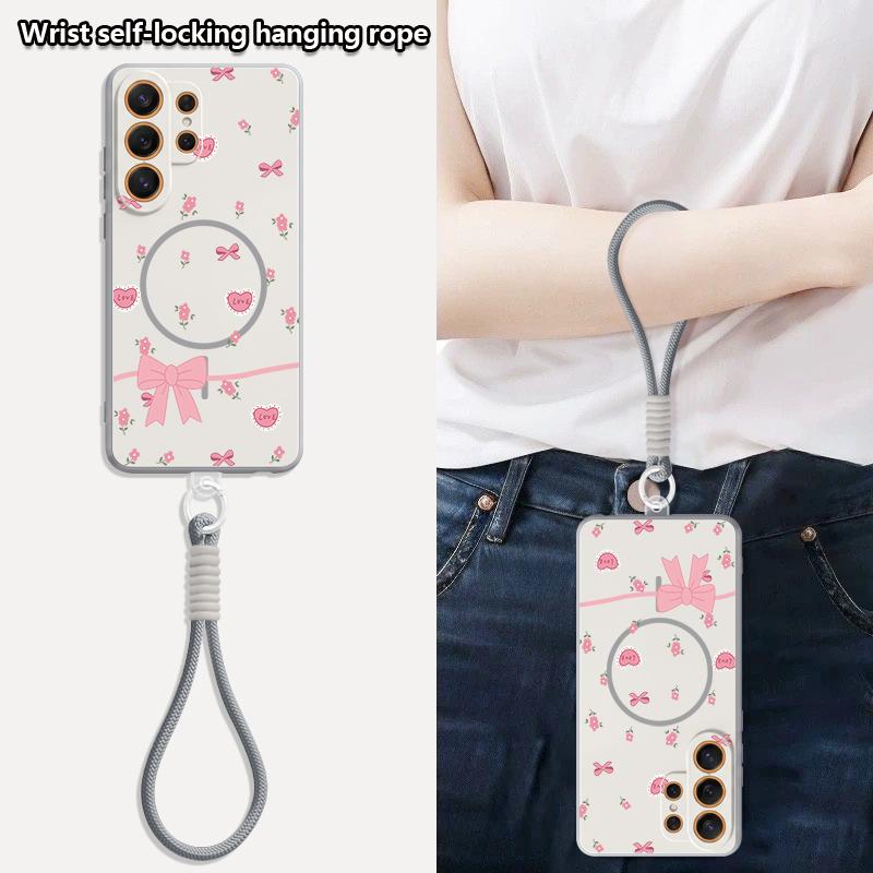 Retro Flowers Black Rose Print Lanyard Case For Samsung S26 S25 Ultra S24 Plus S23 FE S22 Ultra A55 A56 A17 A37 A57 5G Skin Feel Magnetic Phone Cover
