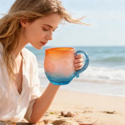 Ozean Sonnenuntergang Glasbecher Meer-inspirierte Kaffeetasse mit Wellenhenkel Farbverlauf Teetasse für heiße kalte Getränke