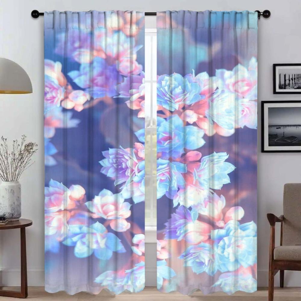 Flowers Home Interior Curtains 2 Pieces Curtains for Living Room Curtain Partition Shades Tulle for Bedroom Halloween Decoration