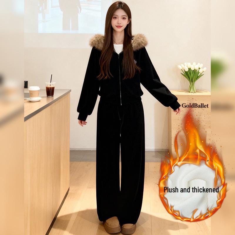 

2026 Autumn Winter Women s Elegant Casual Velvet Hoodie and Pants Set Medium