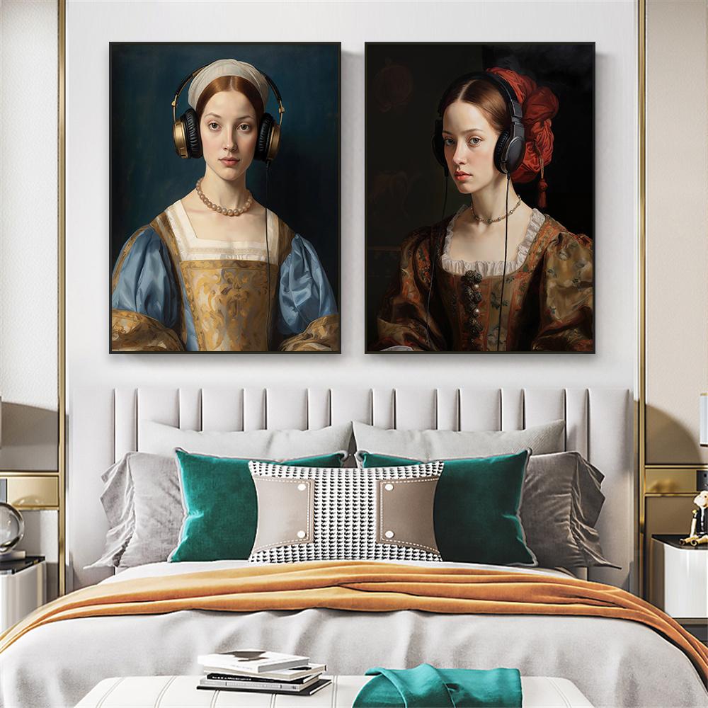 Renaissance Woman Portrait Oil Painting Prints Poster Woman Listening To Music Poster Altered Classic Art Canvas Painting