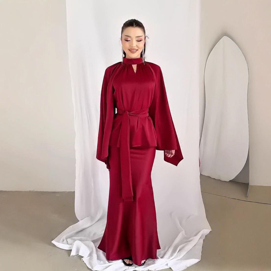 

Элегантное женское платье халтер макси с завязкой на талии и длинными рукавами, осень 2025 L красный