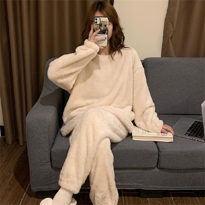 Winter Women Warm Fashion Pajama Sets Sweet   Elegant French Style Girlish Leisure Thicken Flannel Comfort Pajamas