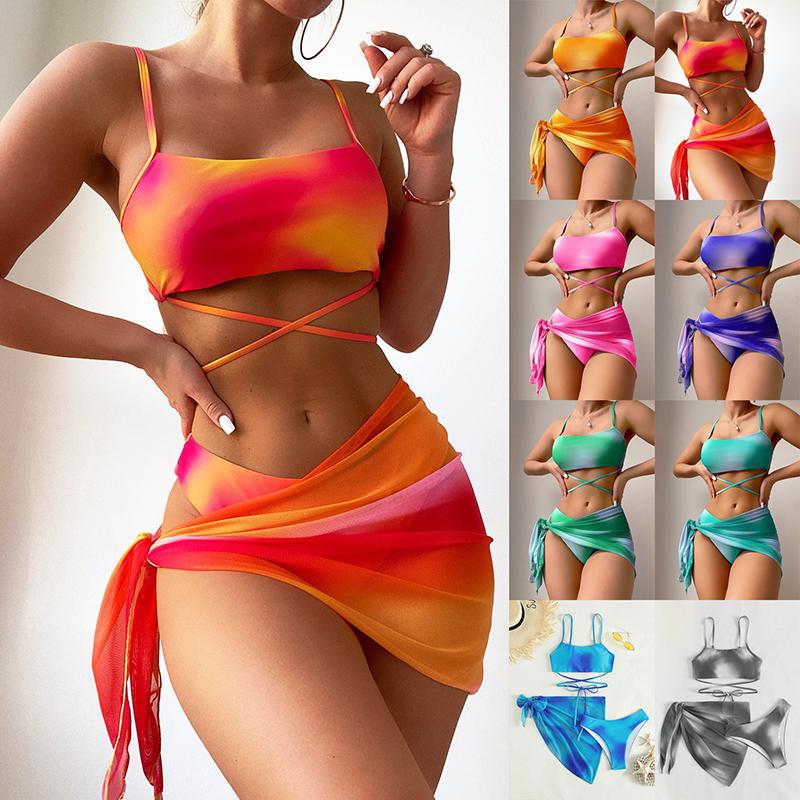 

Women Summer Beach Holiday Sexy Bandage Tie-dye Triangle Bikini Set 3 In 1 S