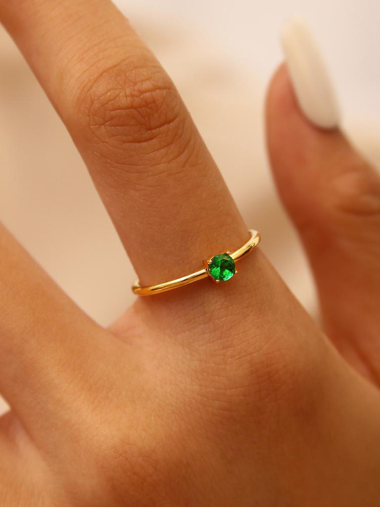 Europe And The United States Ins Fashion Simple Light Luxury Stainless Steel 18K Gold-Plated Green Round Diamond Ring Female
