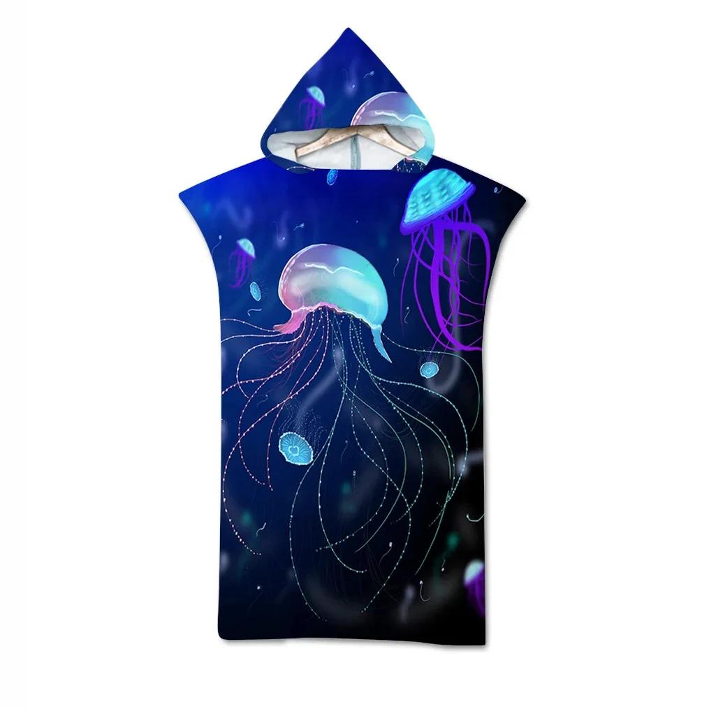 Jelly Fish Bath Beach Towel with Hood Microfiber Soft Hooded Robe Towel Poncho for Swimming Beach Surf Woman Bathrobe Beachwear