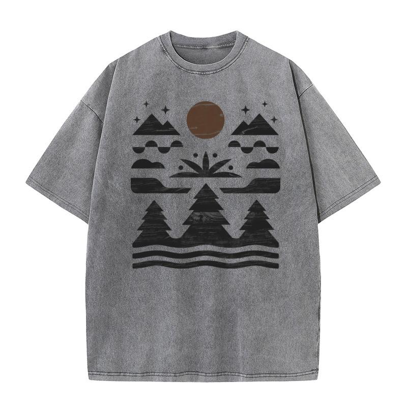 Mountain Outdoors Tree Washed T Shirt Leisure Discount Round Collar All Cotton Tops Tees Washed Tshirts for Women Father Day