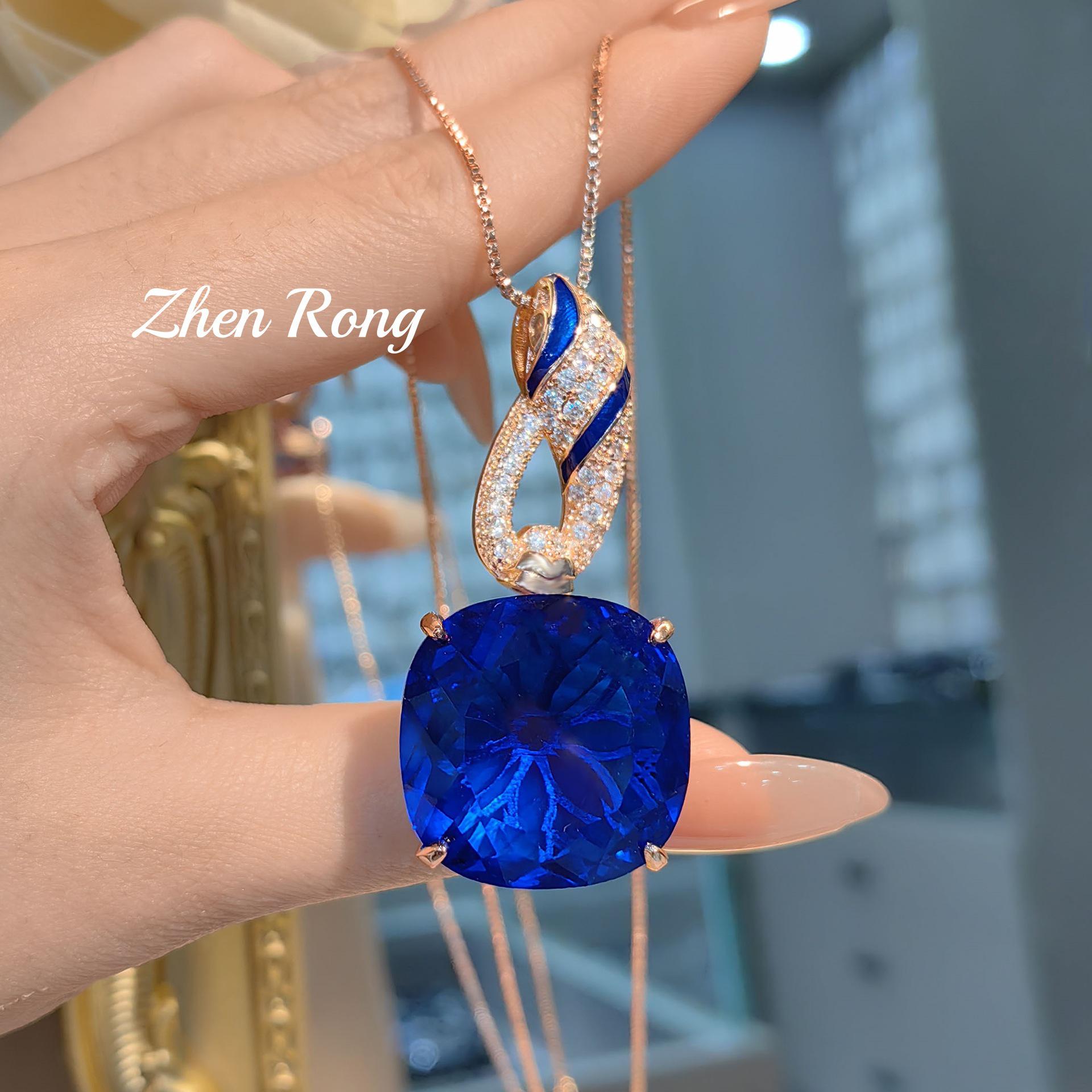 

European & American Luxury Royal Blue Pendant Necklace with Emerald & Pigeon Blood Red Gemstones for Women