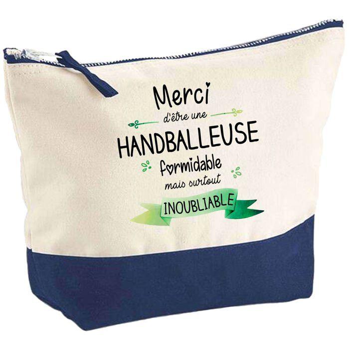 Trousse de maquillage - PLANETEE - Pochette fond bleu «Merci Handballeuse Inoubliable» - Grand format - Coton - Made in France