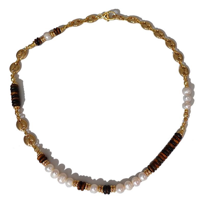 Natural Freshwater Pearl & Tiger Eye Bohemian Necklace - Autumn/Winter French Retro Clavicle Chain for Women