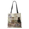 Women Handbag Linen Totes with Cat Print Casual Traveling Beach Gift Bags KTY