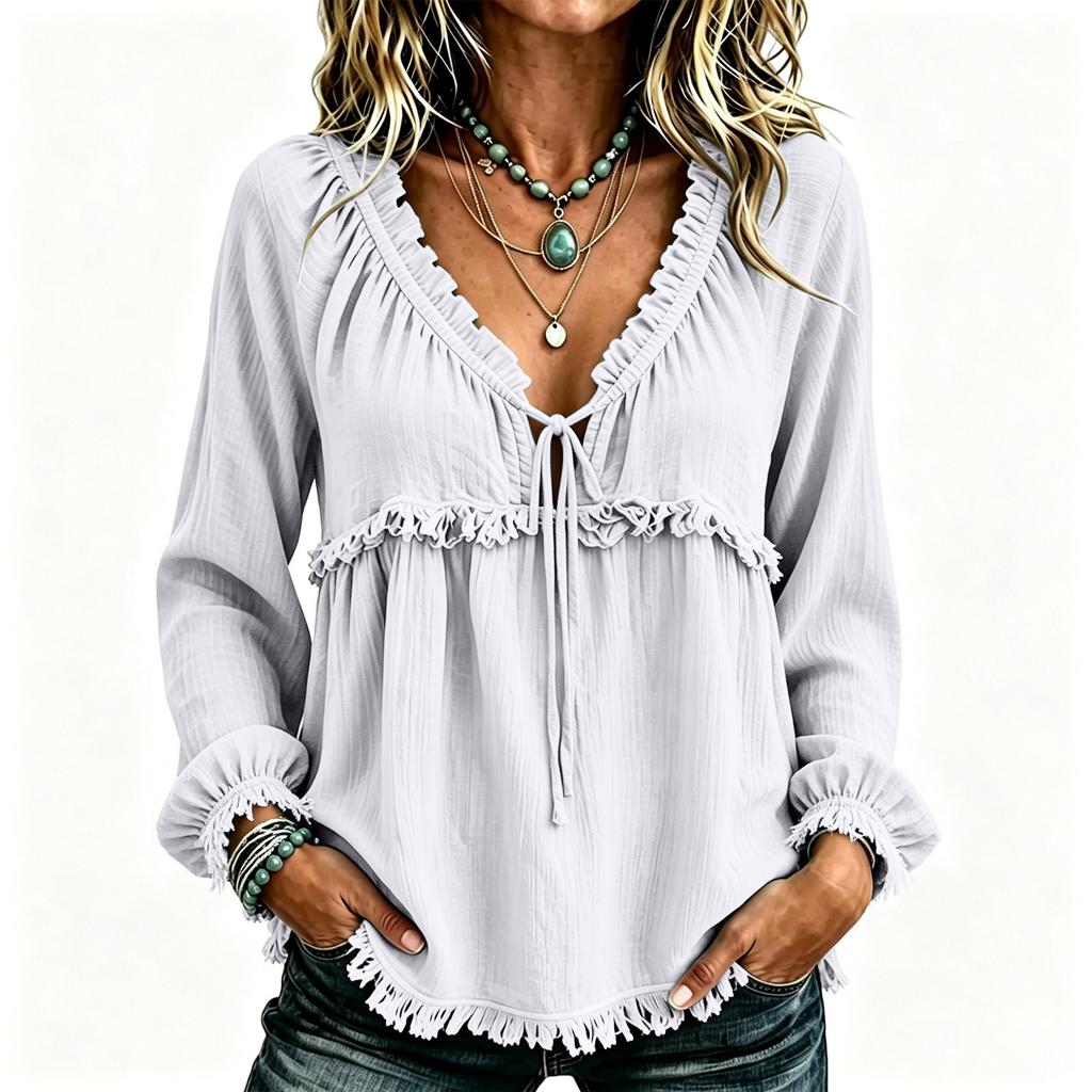 Women's Casual V-Neck Long Sleeve Cotton Linen Top Color