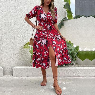 Yaz yeni moda romantik retro tarz baskılı v yaka yırtmaçlı elbise