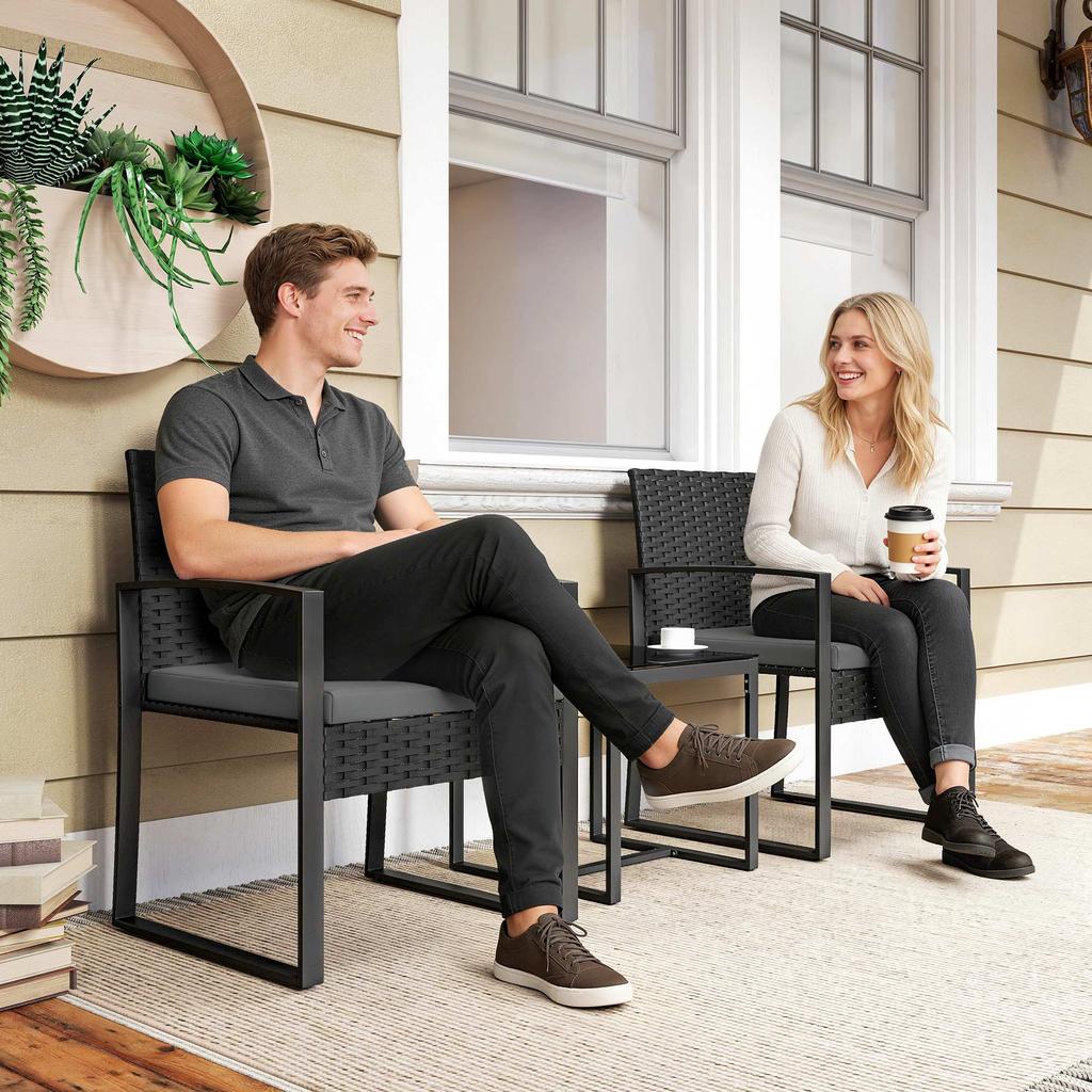 Rattan Bistro Set, 3-Piece Garden Furniture Set with 2 Garden Chairs, Coffee Table, Removable Cushions Dark Grey