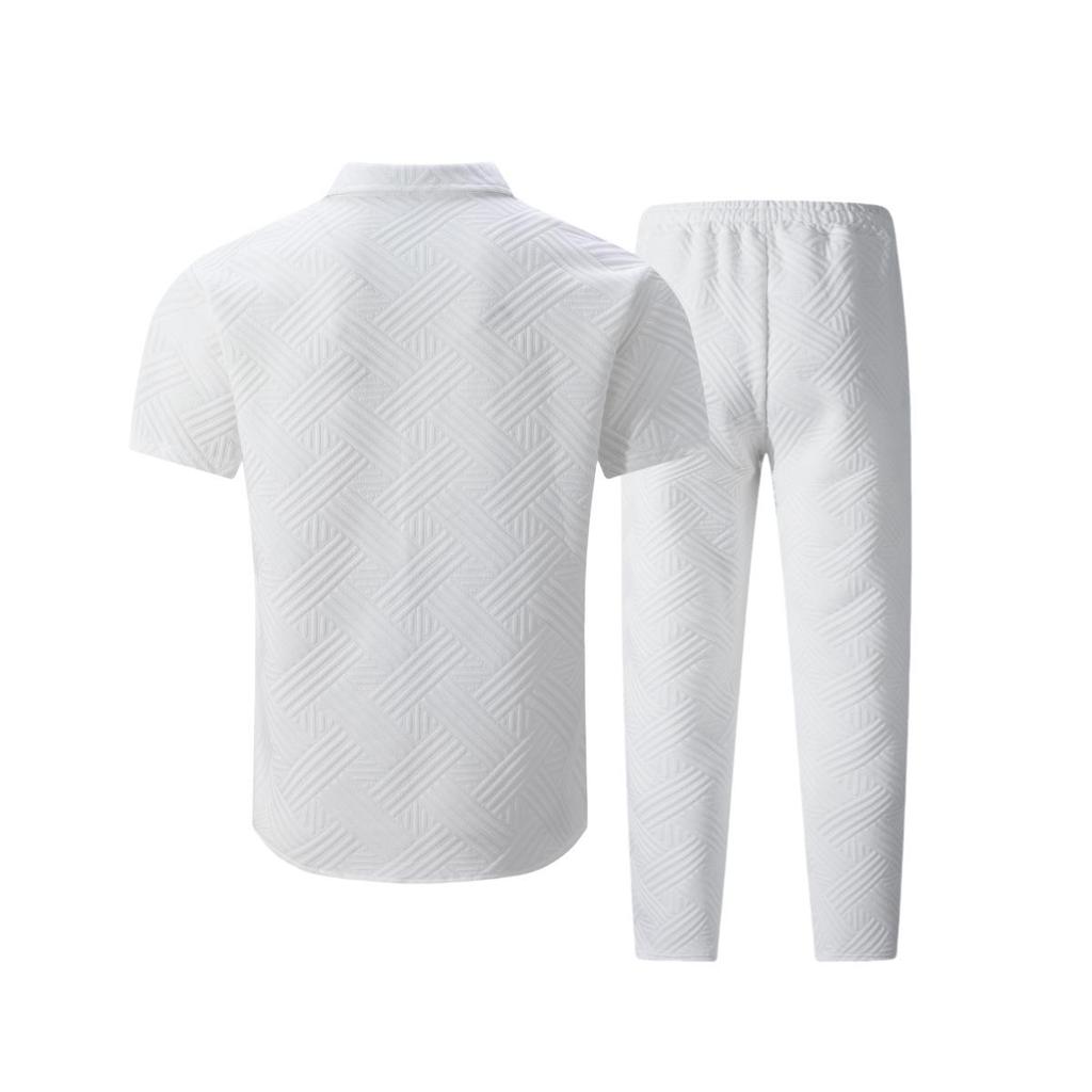 Men's Summer Solid Color Jacquard Lapel Cardigan & Long Pants Two-Piece Set