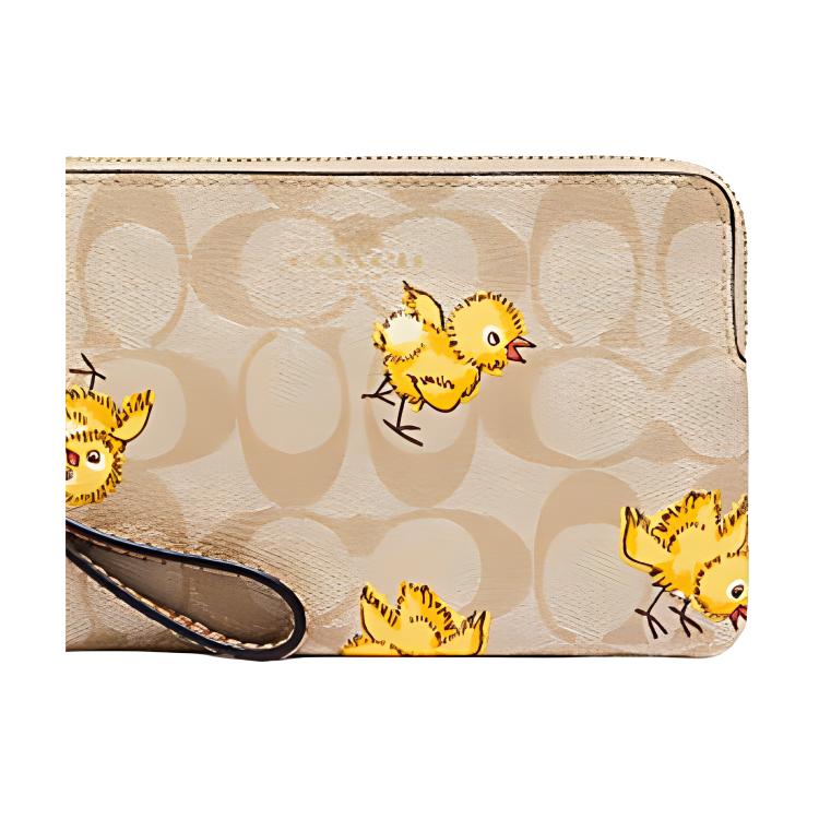 Coach Corner Zip 16 Animal Badge Series Chick Print Top Zip Double Card Slot Wallet Clutch Women Wallets Light-Khaki CC432-IMOT4